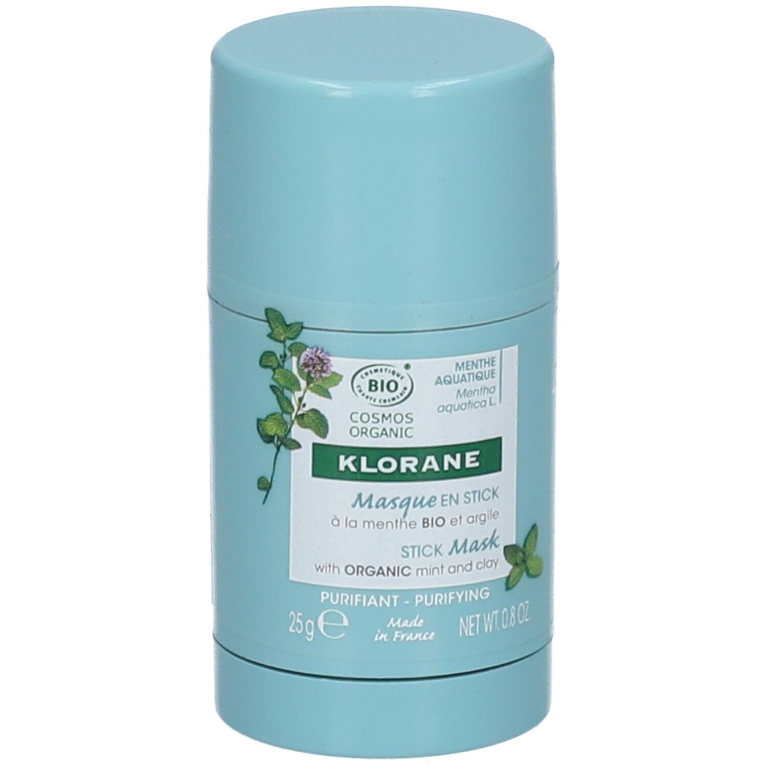 Masque en stick bleu clair. Inscription: KLORANE, Masque en Stick, à la menthe BIO et argile. Avec certification bio.
