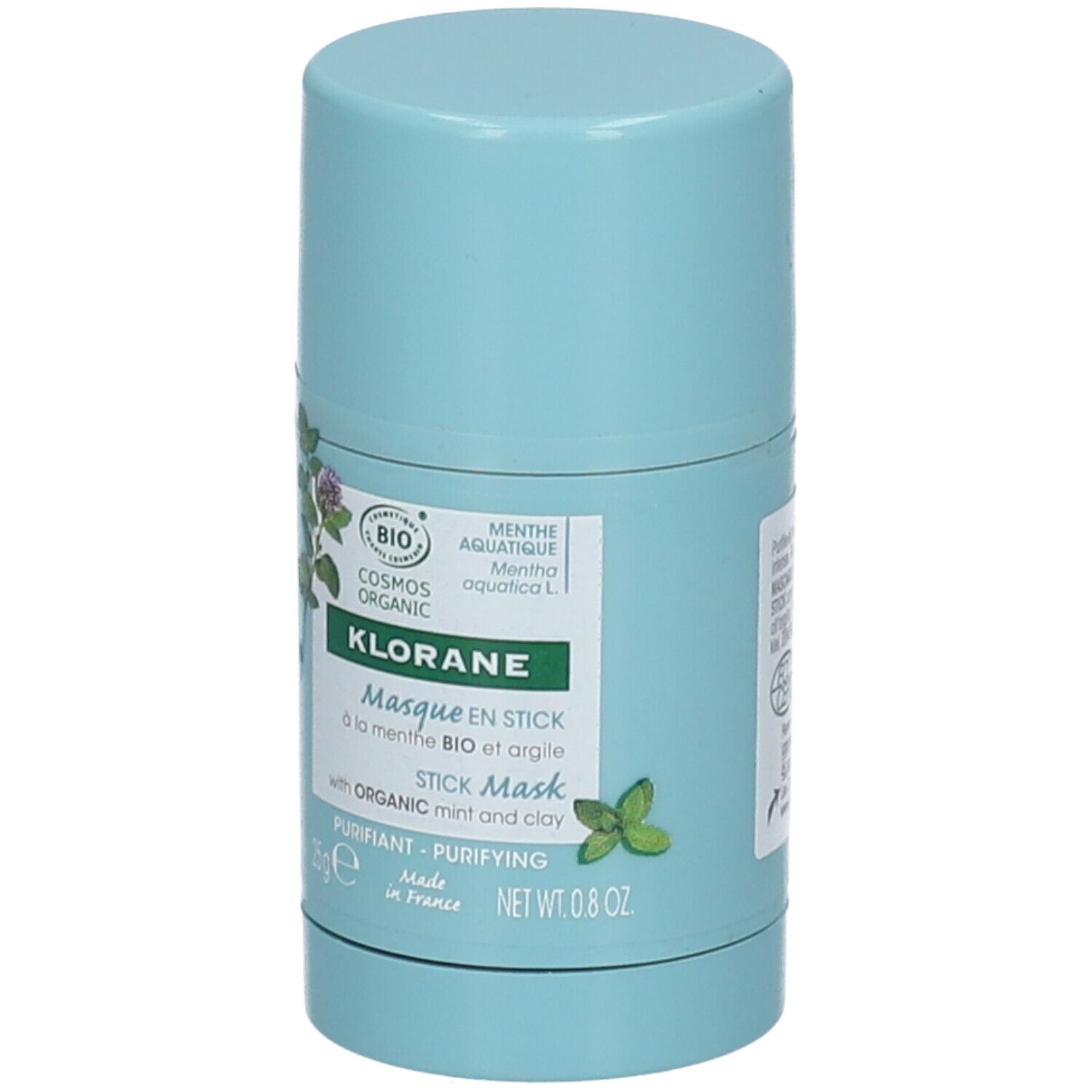 Masque en stick bleu clair. Inscription: KLORANE, Masque en Stick, à la menthe BIO et argile. Avec certification bio.