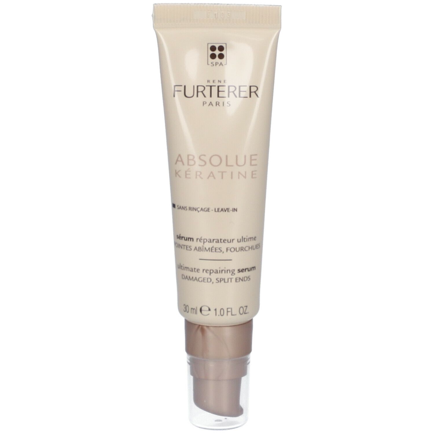 Beige Tube mit Pumpe. Aufschrift: RENE FURTERER PARIS, ABSOLUE KERATINE. Ultimate Repair Serum. 30 ml.