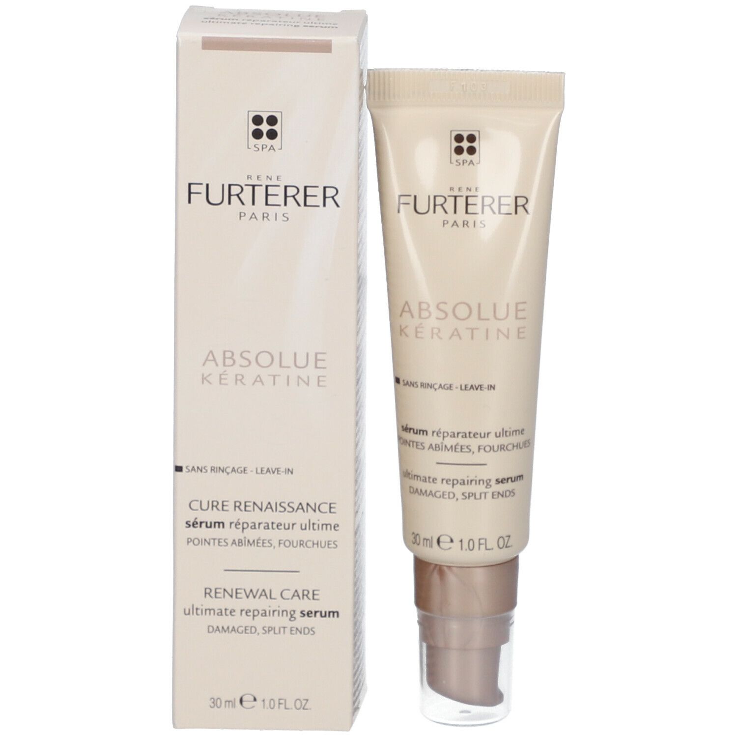 Produkt und Verpackung. Tube und Schachtel. Aufschrift: RENE FURTERER PARIS, ABSOLUE KERATINE. 30 ml.