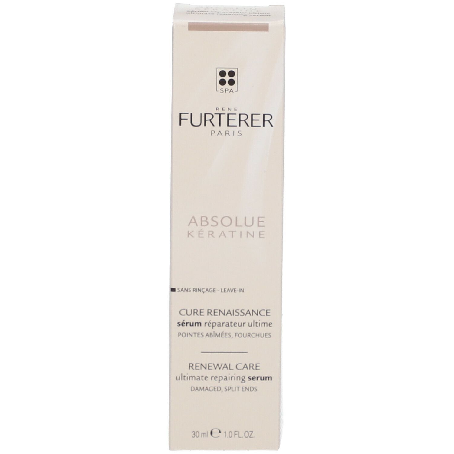 Schachtel. Aufschrift: RENE FURTERER PARIS, ABSOLUE KERATINE. Cure Renaissance. Renewal Care. 30 ml.