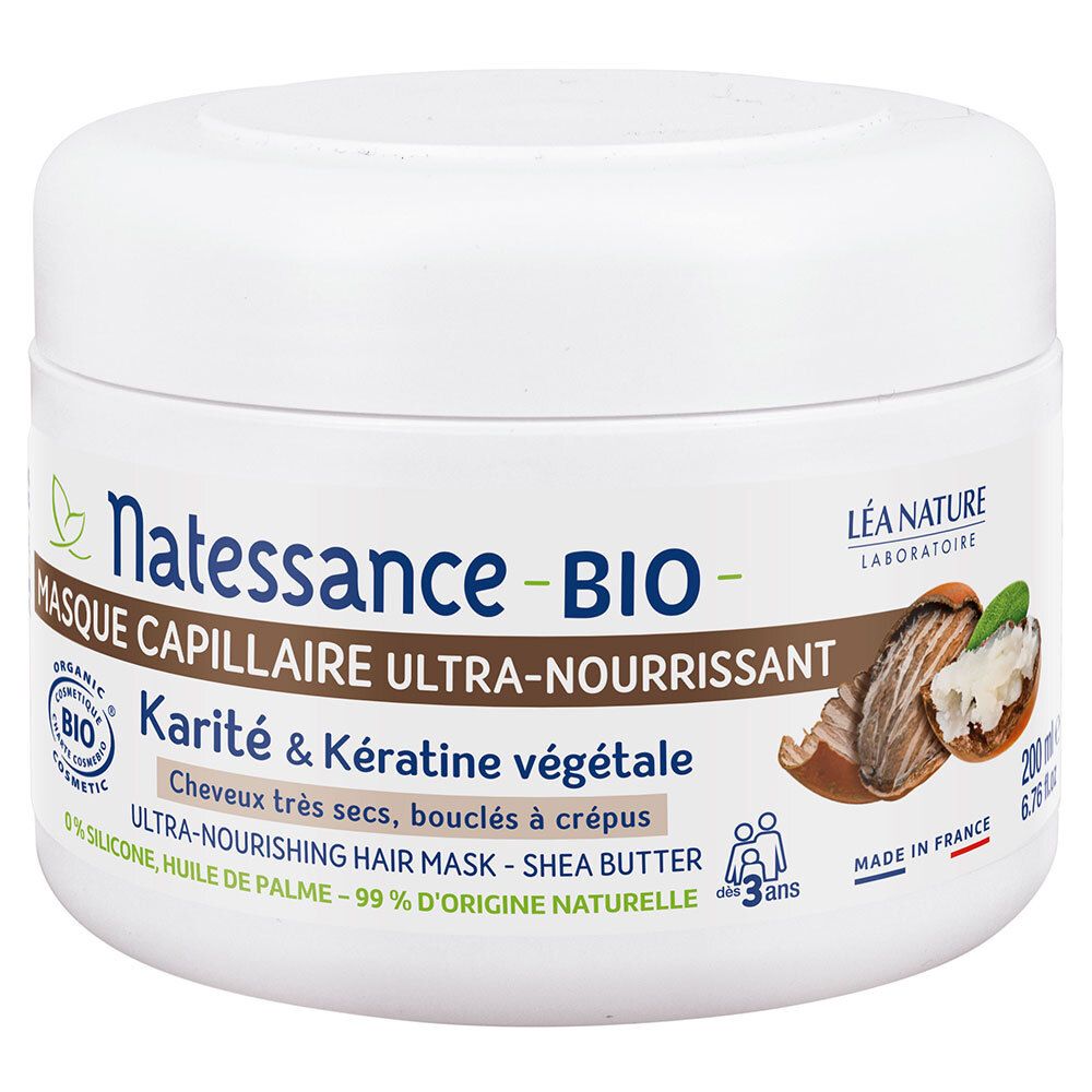 Weiße Dose mit Produktetikett. Text: Natessance BIO, Haarmaske, Sheabutter & pflanzliches Keratin. Bio-Siegel.