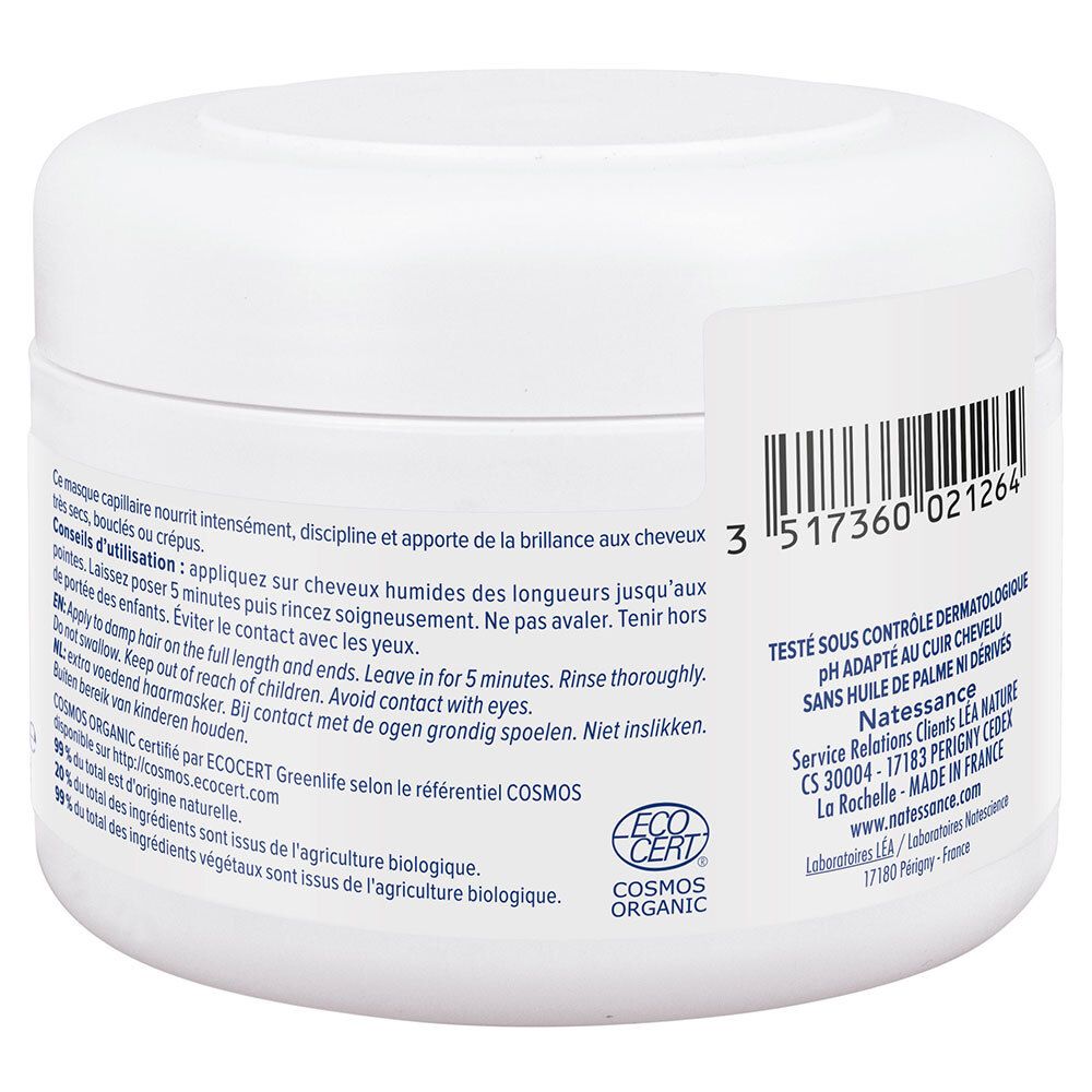Rückseite der weißen Dose. Text: Anwendungshinweise, Barcode, pH-Wert, COSMOS ORGANIC-Zertifizierung.