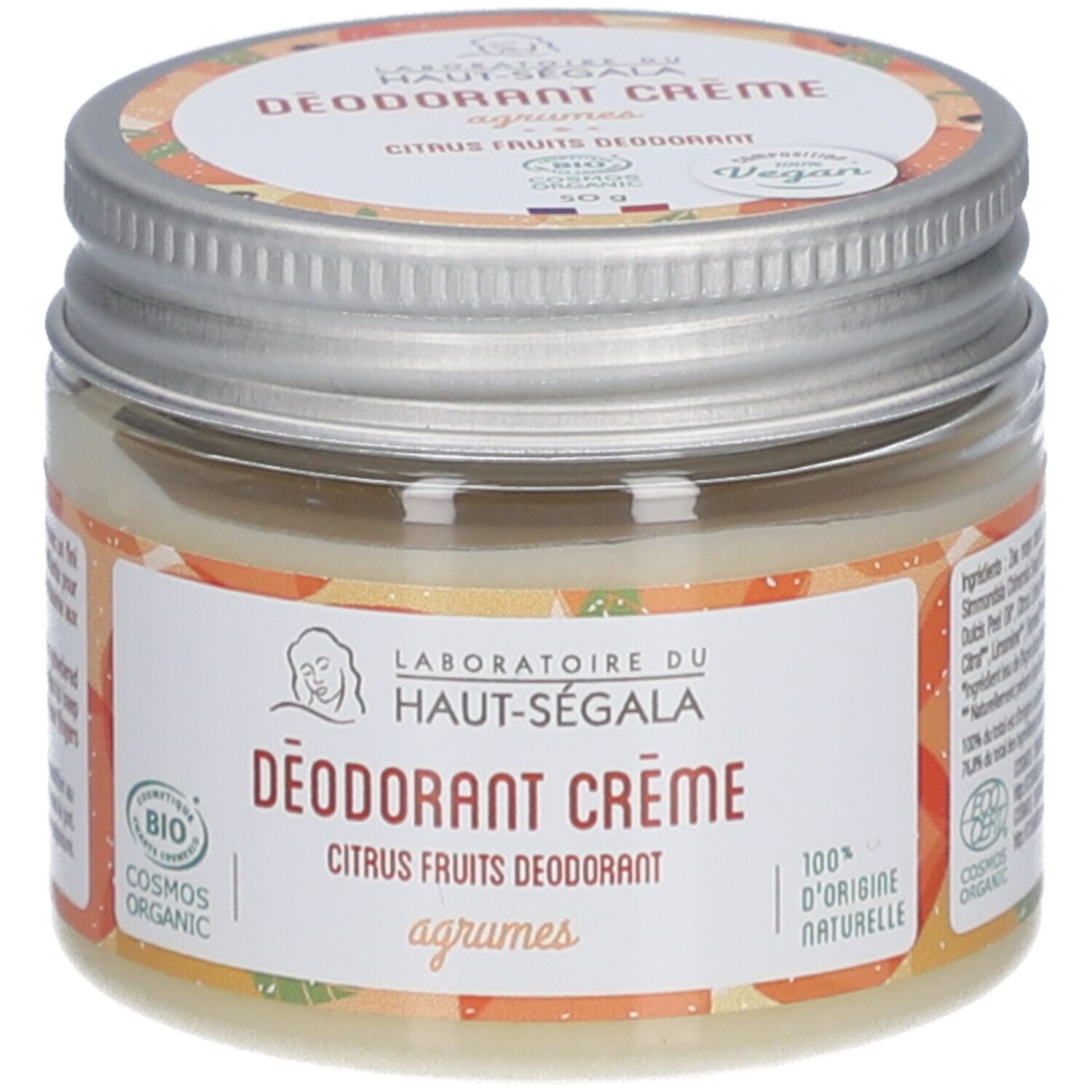 Glas mit Deodorant-Creme. Aufschrift: Laboratoire du Haut-Ségala, DÉODORANT CRÈME, Citrus Fruits, Bio. Mit Vegan-Siegel.