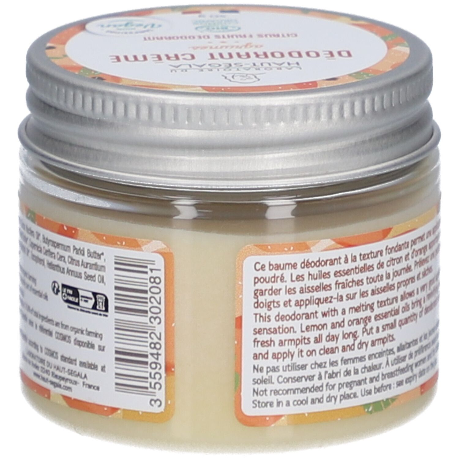 Rückseite des Deodorant-Creme-Glases. Text: Inhaltsstoffe, Barcode. Mit Bio-Siegel.