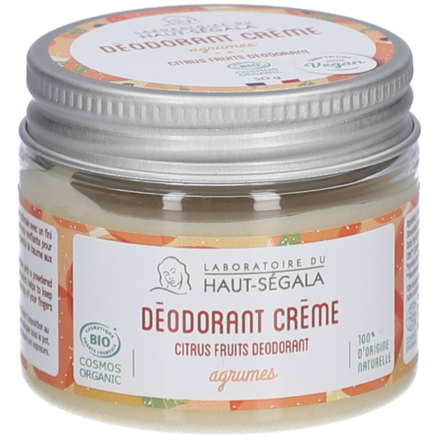 Glas mit Deodorant-Creme. Aufschrift: Laboratoire du Haut-Ségala, DÉODORANT CRÈME, Citrus Fruits, Bio. Mit Vegan-Siegel.