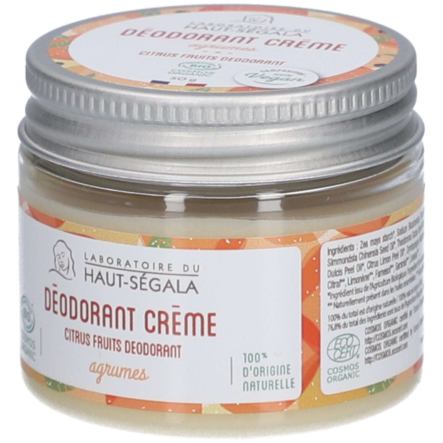 Glas mit Deodorant-Creme. Aufschrift: Laboratoire du Haut-Ségala, DÉODORANT CRÈME, Citrus Fruits, Bio. Mit EcoCert-Siegel.