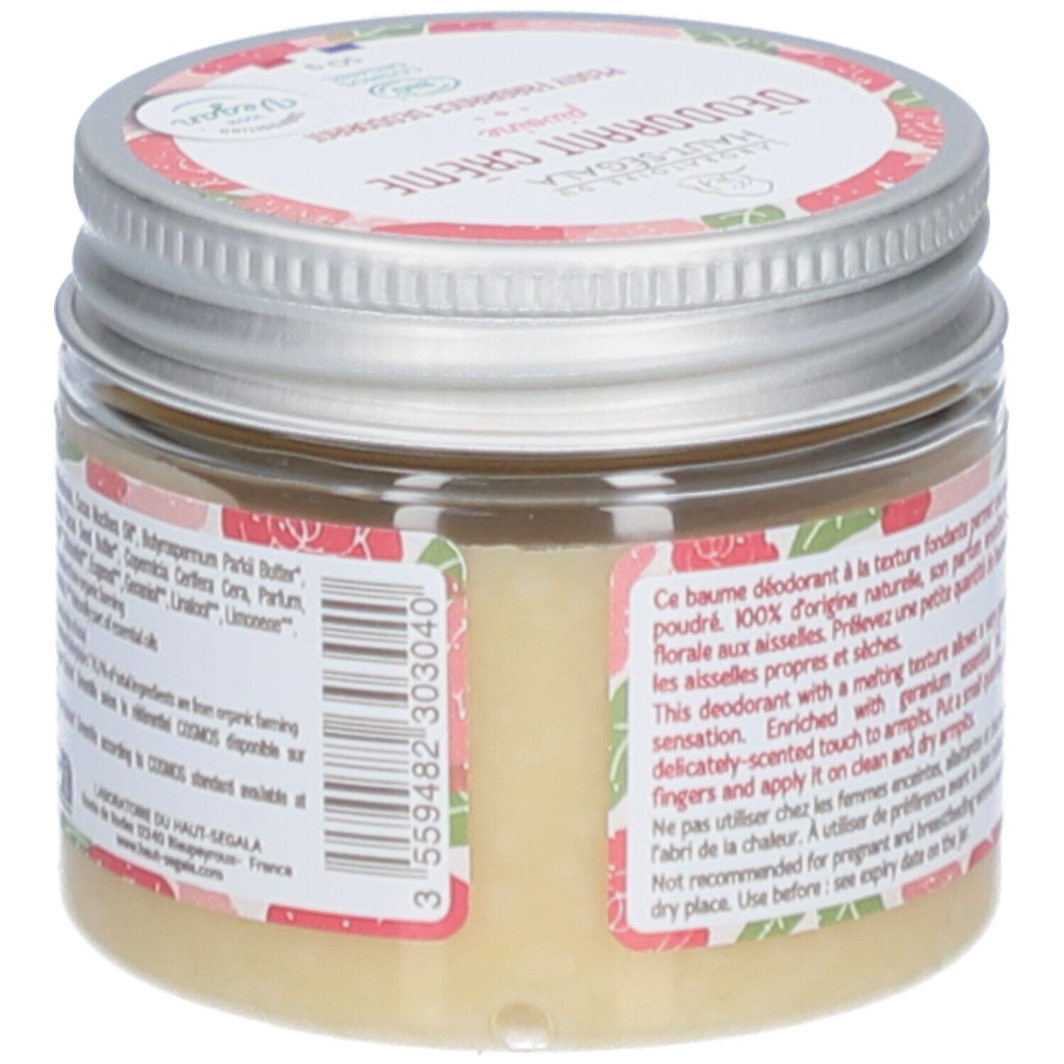Dos du pot de déodorant crème. Texte sur l'étiquette, motif floral. Code-barres et certification 'Cosmos Organic'.