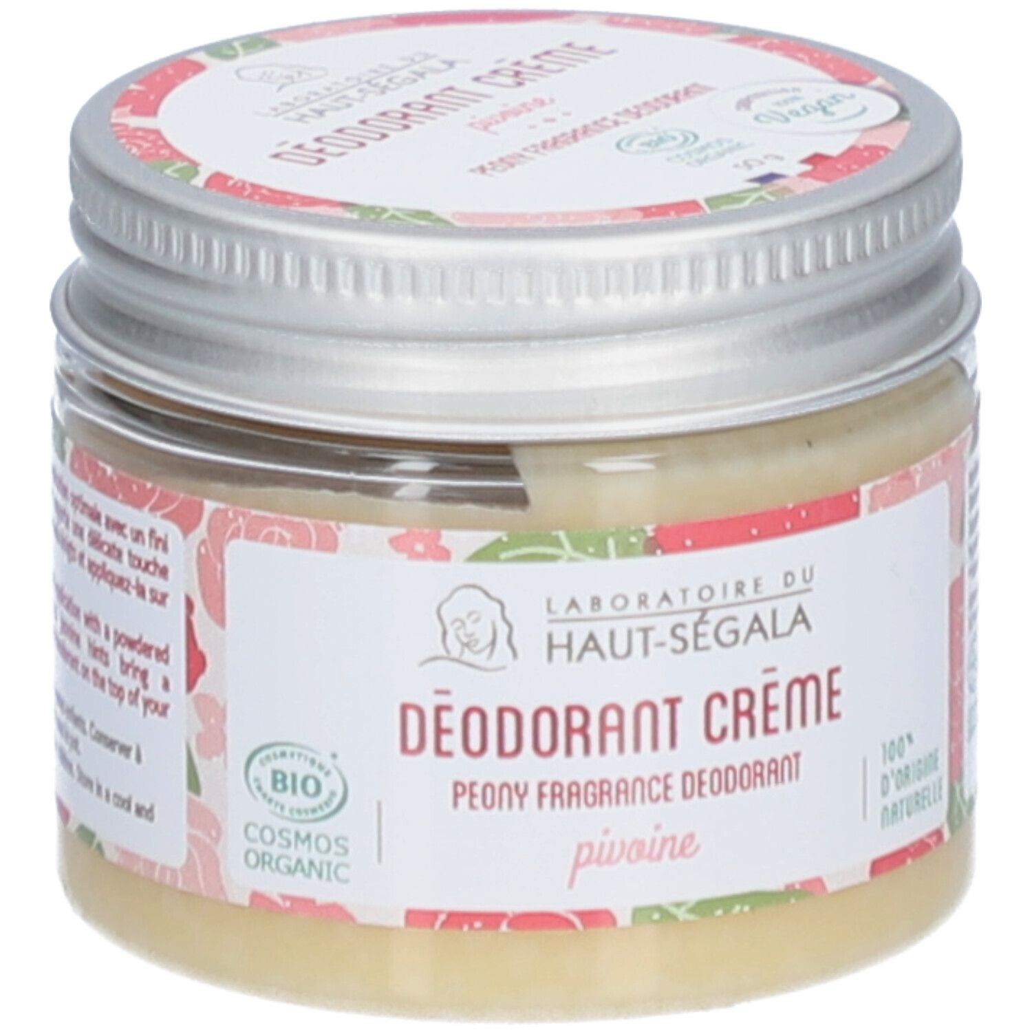 Déodorant crème en pot. Étiquette avec logo, texte et motif floral. Certification 'Cosmos Organic'.