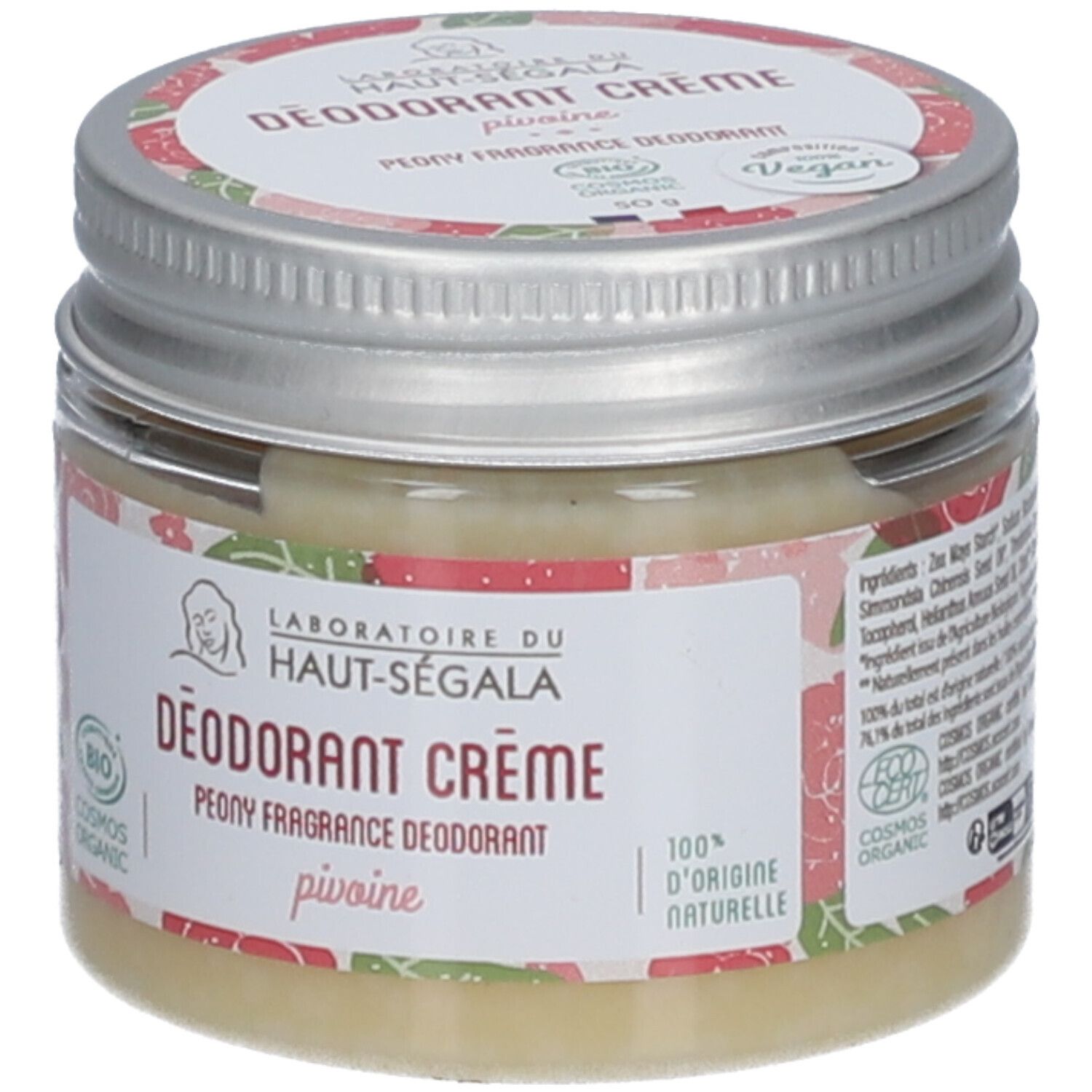Déodorant crème en pot avec couvercle argenté. Étiquette avec logo, texte et motif floral. Label végan.