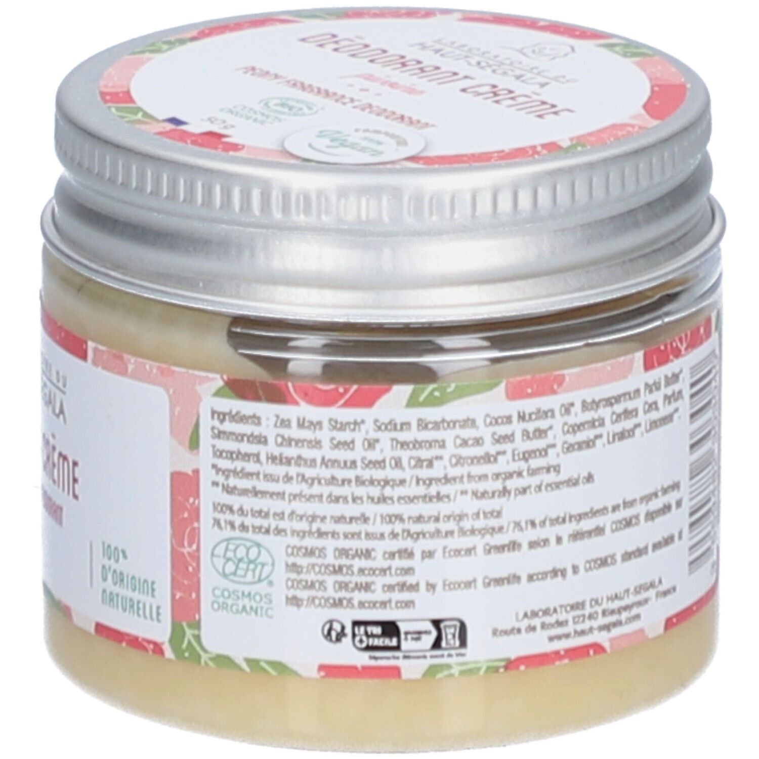 Dos du pot de déodorant crème. Texte sur l'étiquette, motif floral. Certification 'Cosmos Organic'.