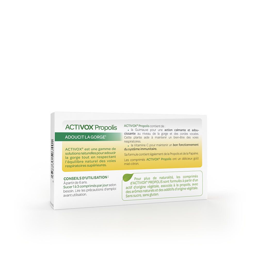 Rückseite der ACTIVOX Propolis-Schachtel. Text über Inhaltsstoffe und Anwendung. Enthält 20 Tabletten.
