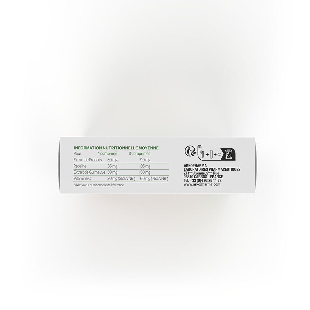 Oberseite der ACTIVOX Propolis-Schachtel. Informationen zu Nährwerten. Herstellerinformationen.