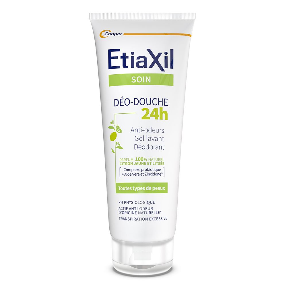 Etiaxil Déo-Douche. Gel-Waschgel, 24H. Weiße Tube mit grünen und gelben Akzenten. Text.