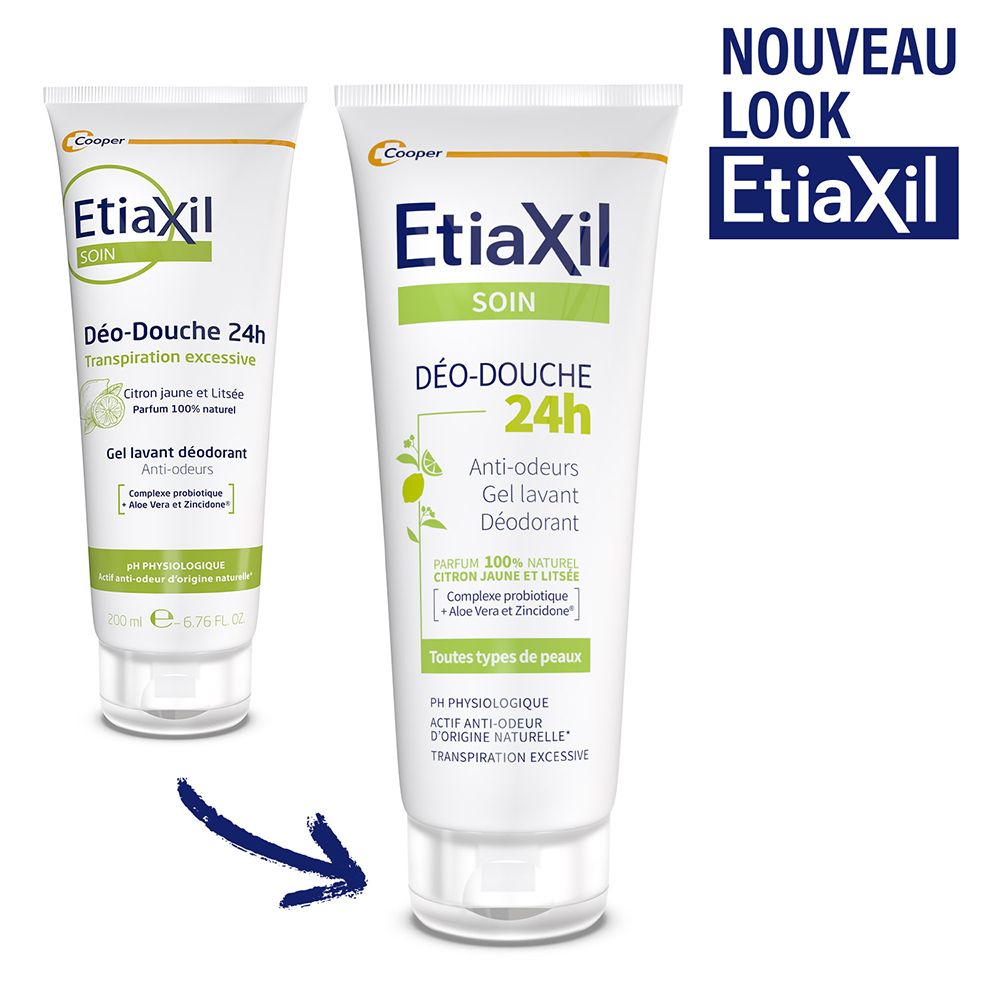 Etiaxil Déo-Douche, 24H. Zwei Tuben, eine mit Pfeil. Text: Nouveau Look Etiaxil.