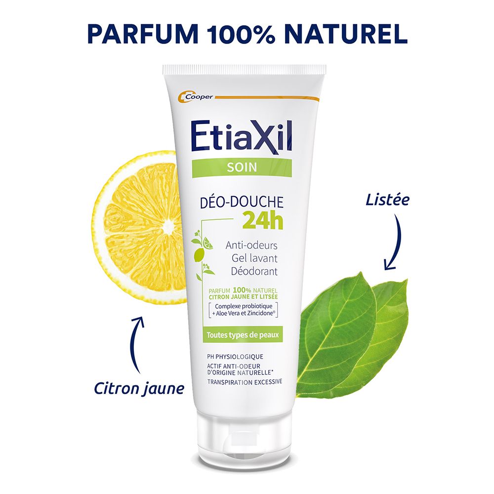 Etiaxil Déo-Douche 24H. Tube mit Zitrone und Blättern. Text: Parfum 100% naturel.