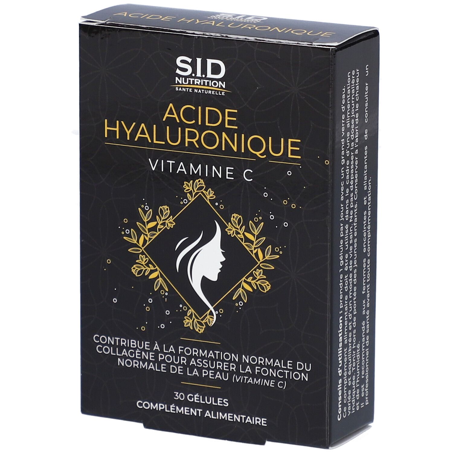 Schwarze Schachtel mit "S.I.D Nutrition" und "Acide Hyaluronique Vitamine C". Enthält 30 Kapseln.