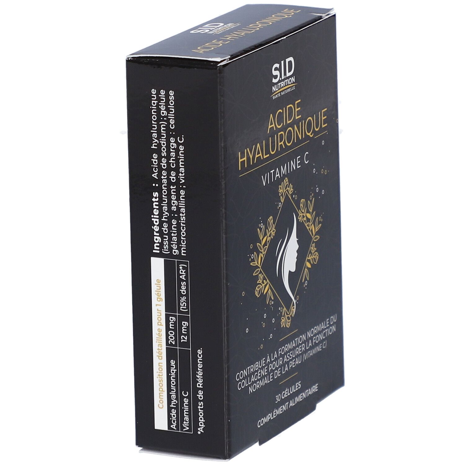 Schwarze Schachtel mit "S.I.D Nutrition Acide Hyaluronique Vitamine C". Zutatenliste und Nährwerttabelle.
