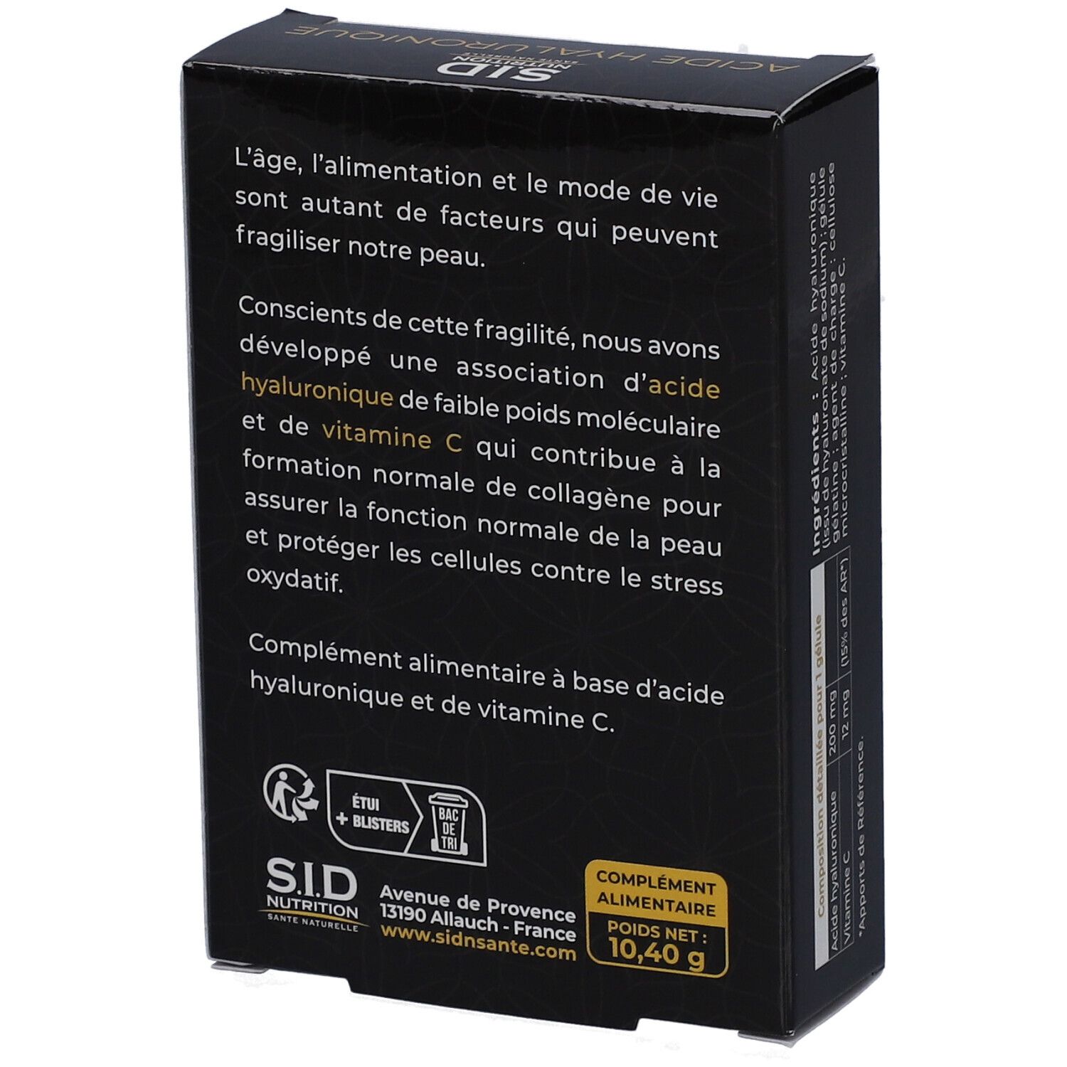Rückseite der schwarzen Schachtel mit Text über "Acide Hyaluronique Vitamine C". Enthält 10,40 g.