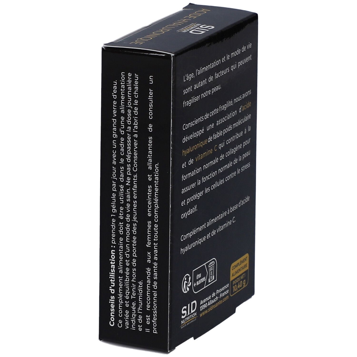 Schwarze Schachtel mit Text über "Acide Hyaluronique Vitamine C". Gebrauchsanweisung.