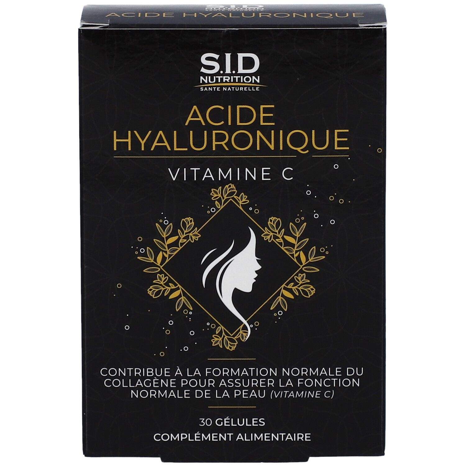 Schwarze Schachtel mit "S.I.D Nutrition Acide Hyaluronique Vitamine C". 30 Kapseln. Logo Frau.