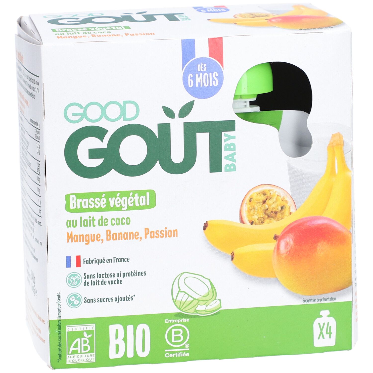 Boîte Good Goût Baby. Inscription: coco, mangue, banane, passion. Certification bio. Dès 6 mois. Avec fruits.