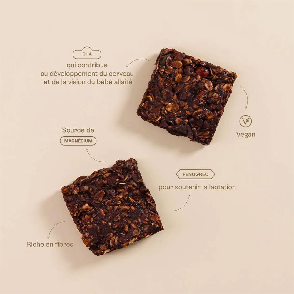 Zwei quadratische, braune Riegel. Text: DHA, Magnesiumquelle, reich an Ballaststoffen, vegan, Bockshornklee.