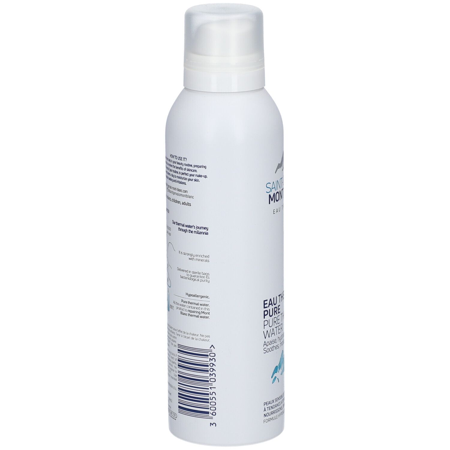 Spray blanc, vue latérale. Texte: Eau Thermale Pure Thermal Water. Code-barres et informations produit.