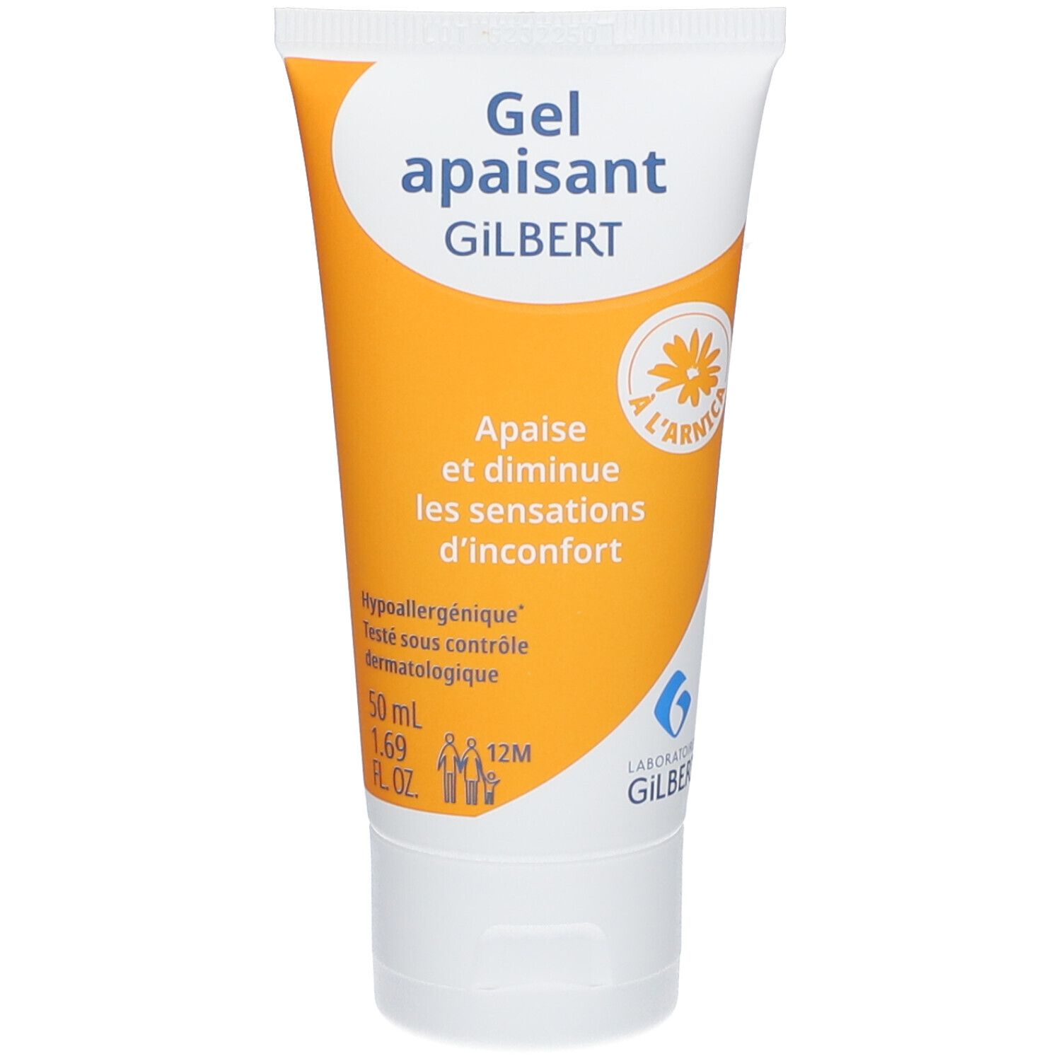 Tube de gel blanc et jaune, avec 'Gel apaisant GILBERT'. Contient 50 ml. Avec Arnica. Testé dermatologiquement.