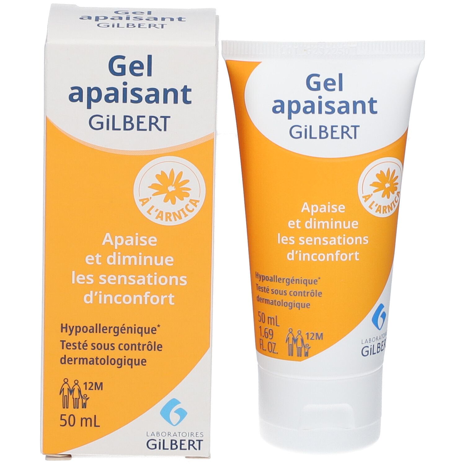 Tube de gel et boîte. Les deux sont jaune et blanc avec 'Gel apaisant GILBERT'. Boîte avec 50 ml. Avec Arnica. Testé dermatologiquement.