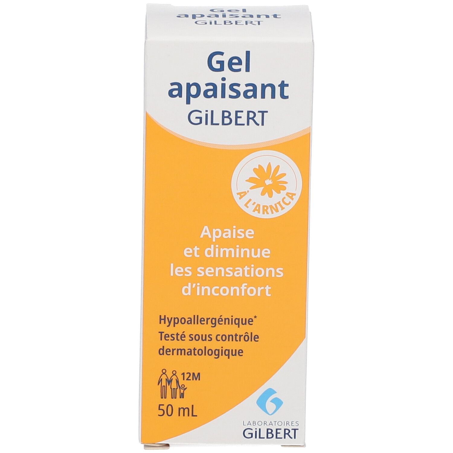 Boîte jaune et blanche avec 'Gel apaisant GILBERT'. Contient 50 ml. Avec Arnica. Testé dermatologiquement. Avec logo.