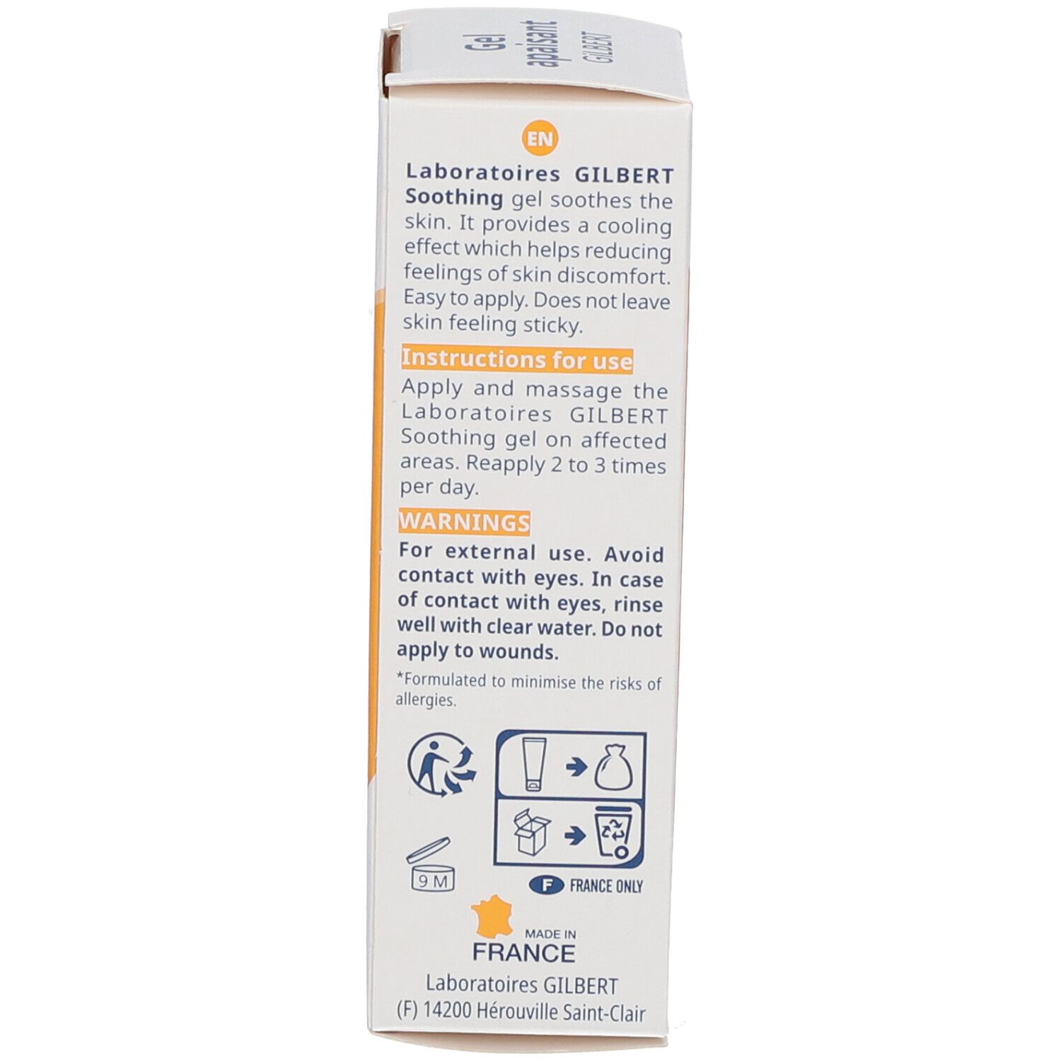 Dos d'une boîte. Texte en anglais et français. Contient les instructions d'utilisation et les avertissements. Fabriqué en France.