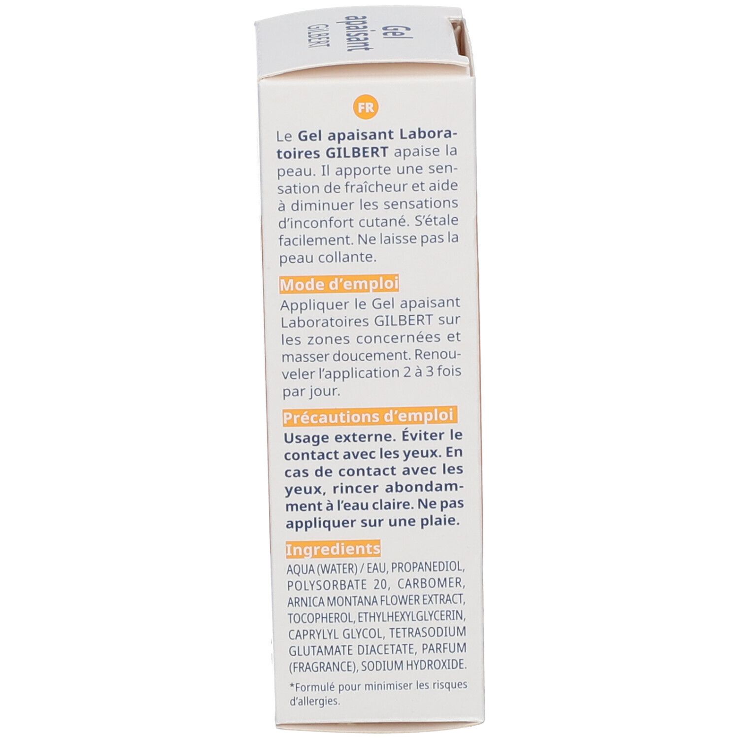 Dos d'une boîte. Texte en français. Contient les instructions d'utilisation, les précautions et les ingrédients. Fabriqué en France.