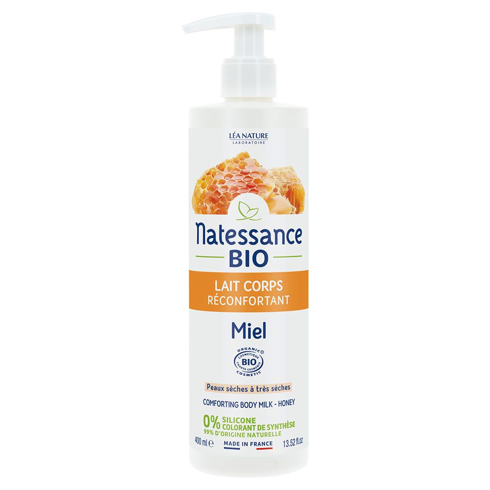 Flacon blanc avec pompe. Natessance BIO Lait Corps Réconfortant Miel. Bande orange. Illustration de rayon de miel. Certification bio.