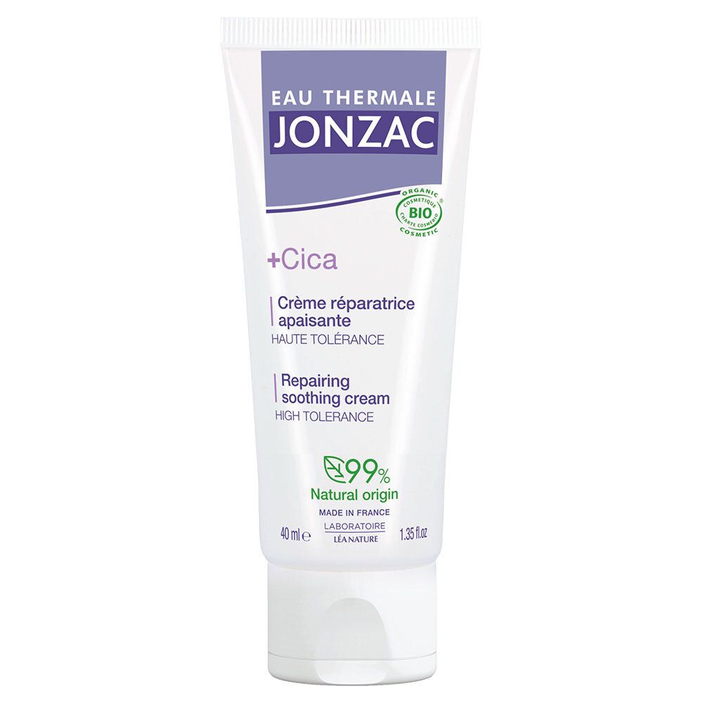 Tube de crème Jonzac +Cica. Blanc, accents violets. Contient du texte et des logos. 40 ml. Certification bio. Crème réparatrice.
