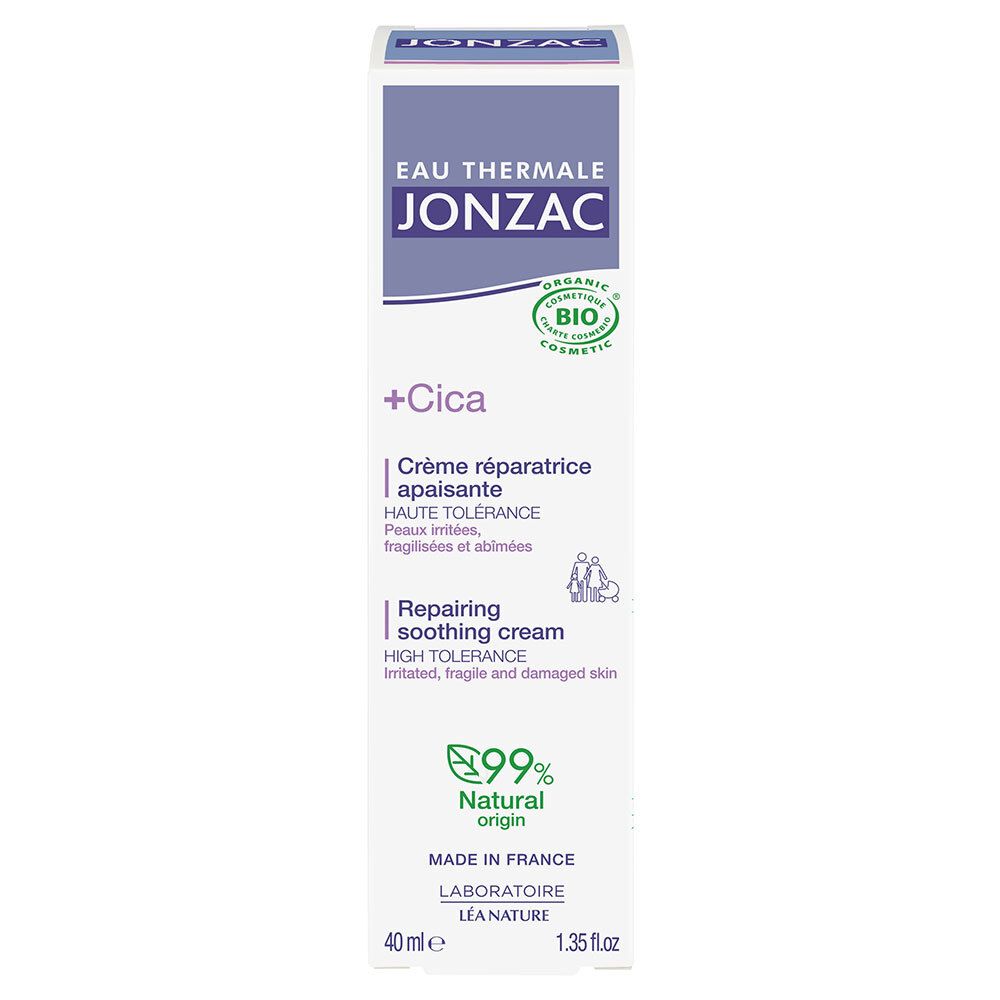 Emballage carton pour crème Jonzac +Cica. Blanc avec accents violets. Texte et logos. Certification bio. 40 ml. Crème réparatrice.