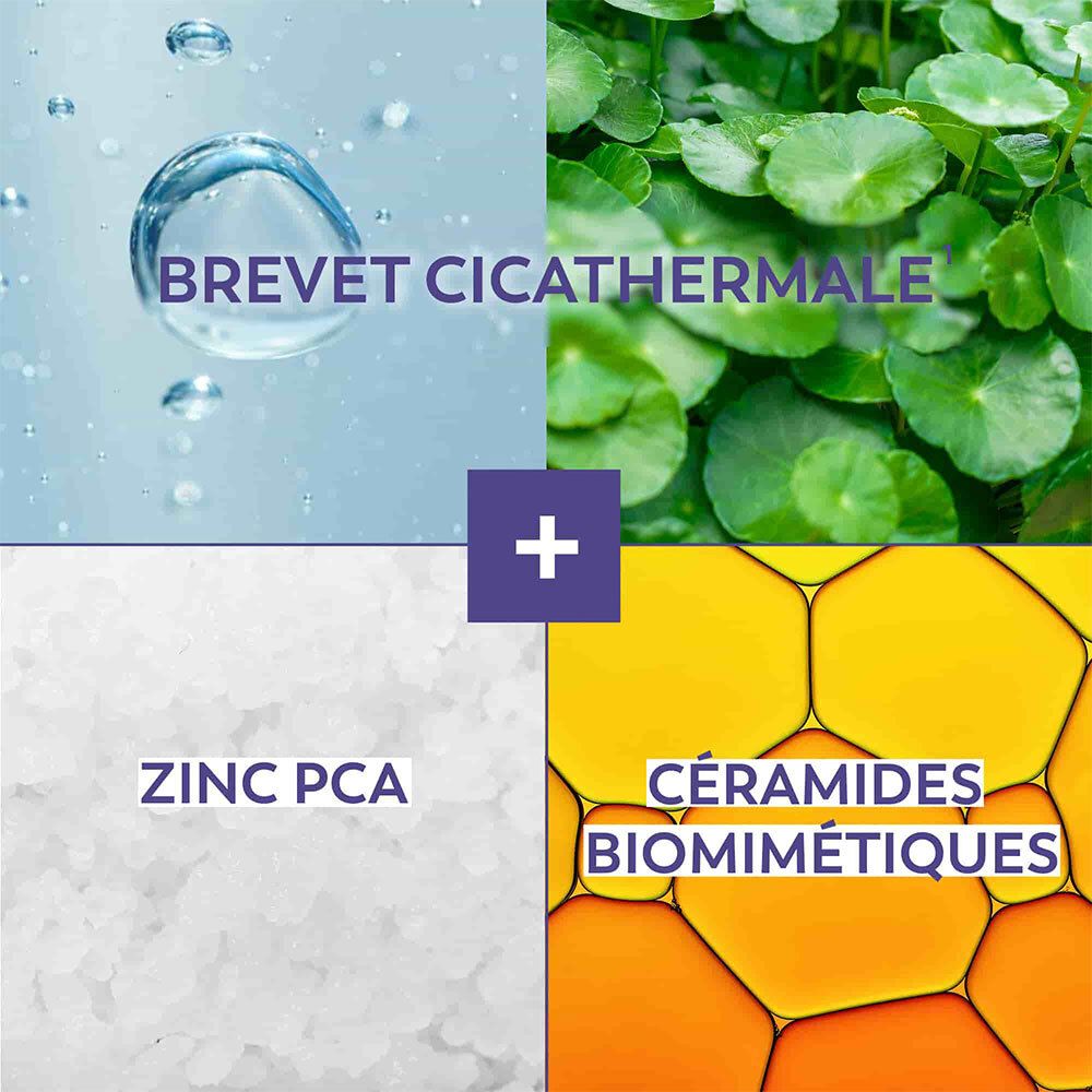 Quatre images : gouttes d'eau, feuilles vertes, cristaux blancs, formes hexagonales jaunes. Texte : Brevet Cicathermale, Zinc PCA, Céramides biomimétiques.