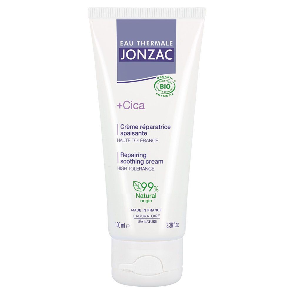 Weiße Tube mit lila Akzenten. Aufschrift: Jonzac, +Cica, Crème réparatrice apaisante, 99% natürlichen Ursprungs. Bio-Zertifizierung.
