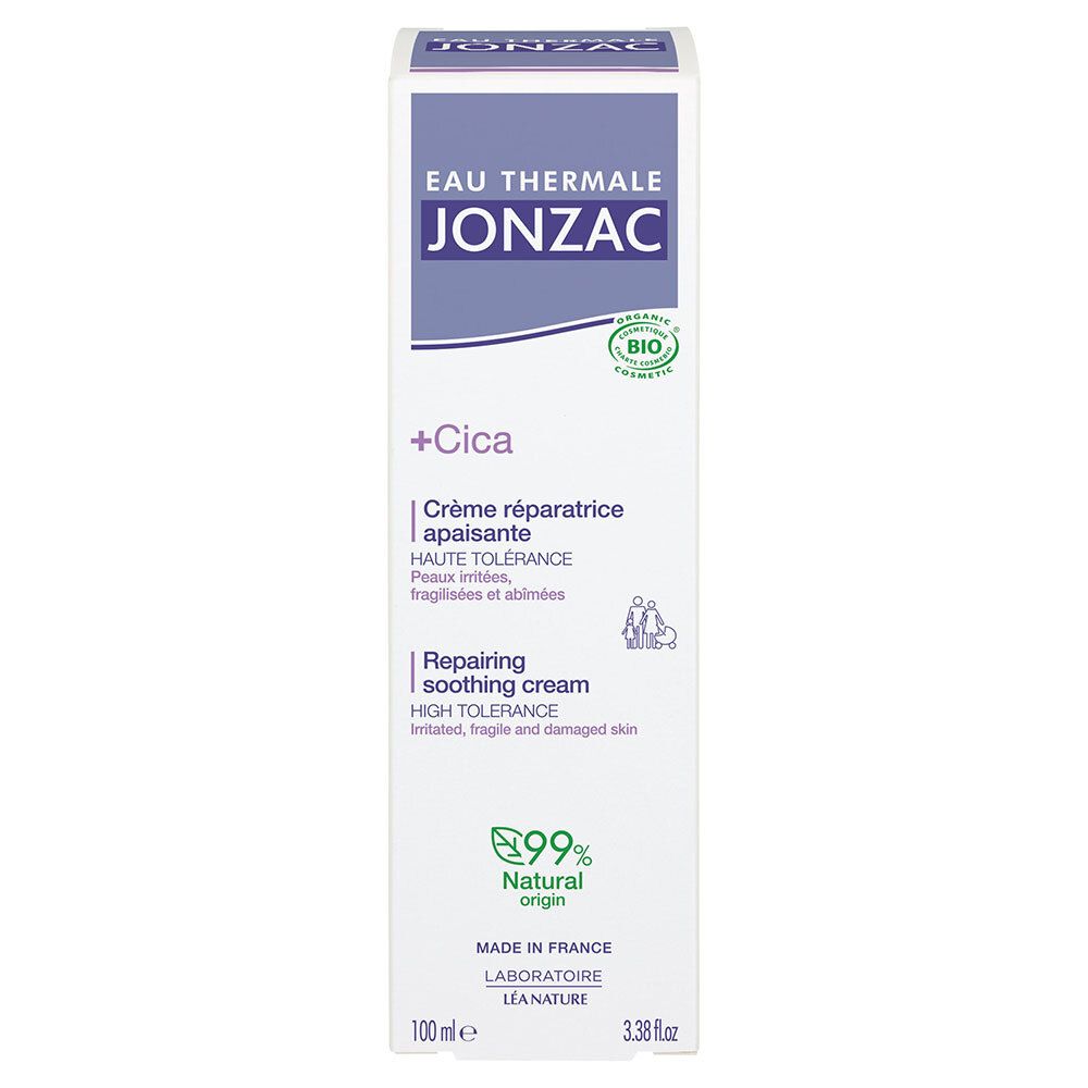 Kartonverpackung mit lila Akzenten. Aufschrift: Jonzac, +Cica, Crème réparatrice apaisante, 99% natürlichen Ursprungs. Bio-Zertifizierung.