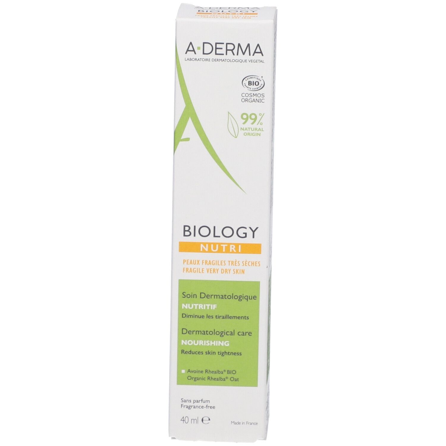 Boîte A-DERMA BIOLOGY NUTRI. Texte : Peaux très sèches. Soin dermatologique.