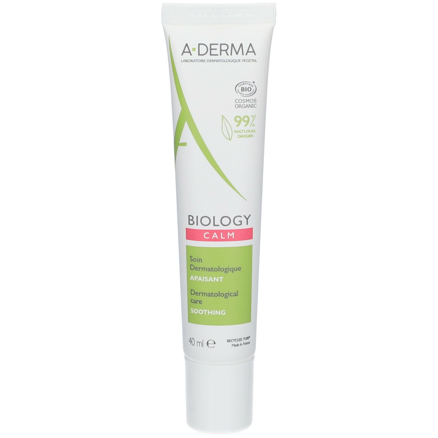 Tube A-DERMA BIOLOGY CALM. Blanc, avec accents verts et roses. Contient 40 ml. Certifié COSMOS ORGANIC.