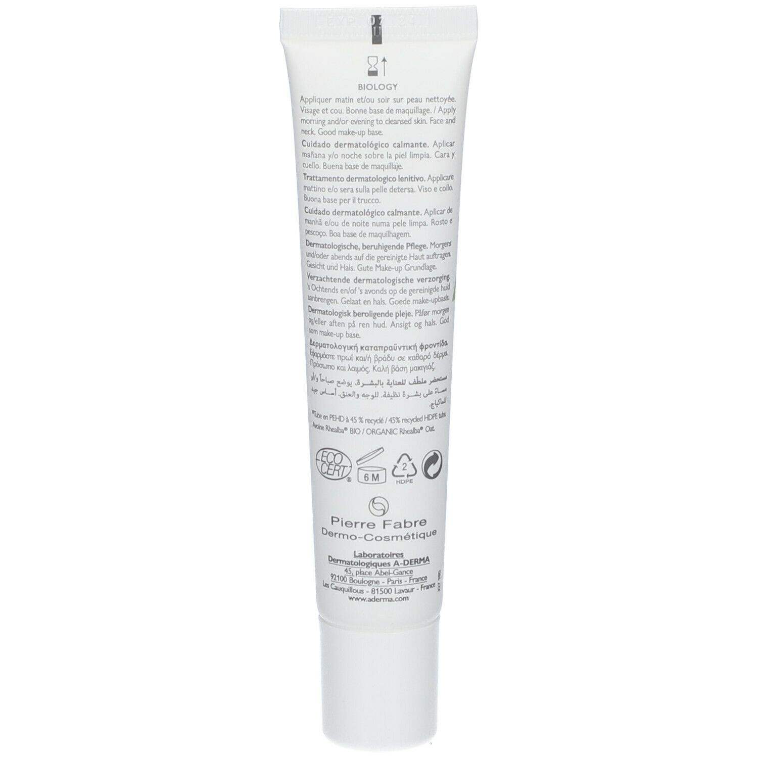 Dos du tube A-DERMA BIOLOGY CALM. Blanc, texte multilingue. Contient des informations sur le produit.
