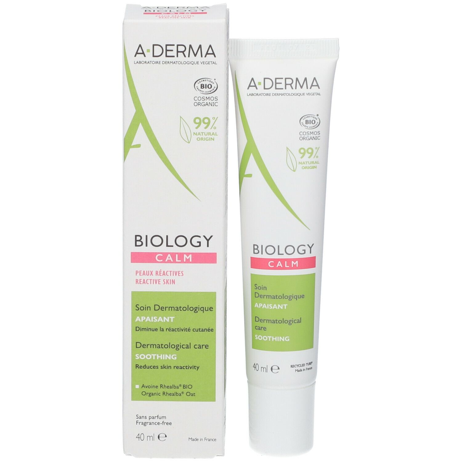 Emballage et tube A-DERMA BIOLOGY CALM. Blanc avec accents verts et roses. Contient 40 ml. Pour peaux réactives.