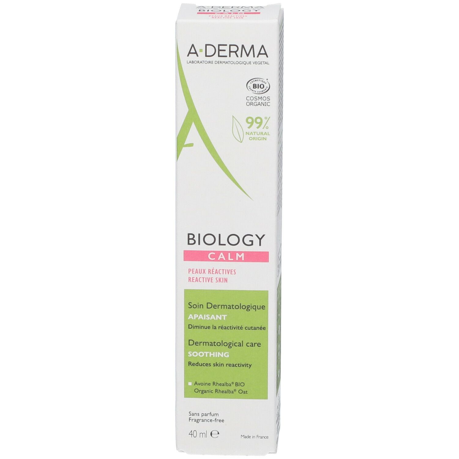 Emballage A-DERMA BIOLOGY CALM. Blanc avec accents verts et roses. Pour peaux réactives. Contient 40 ml.