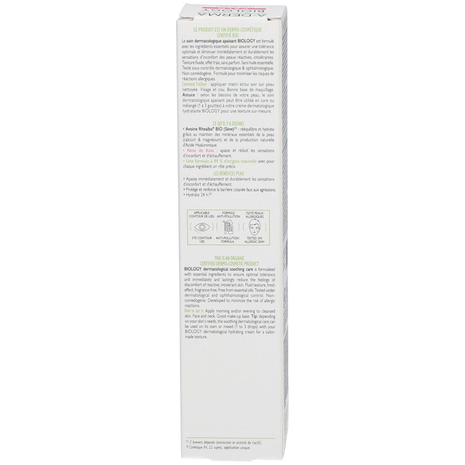 Côté de l'emballage A-DERMA BIOLOGY CALM. Blanc, texte multilingue. Contient des informations sur le produit.