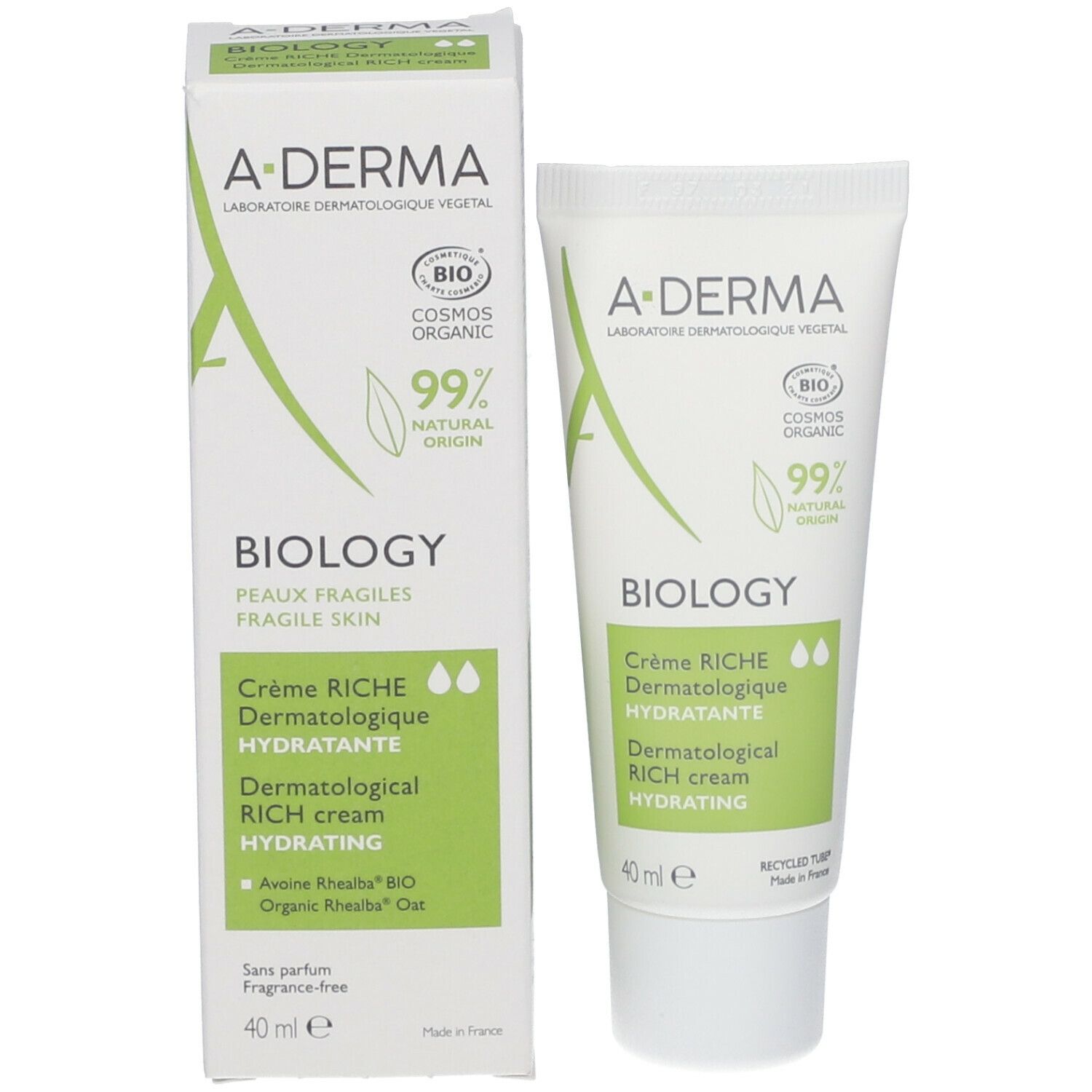 Tube und Verpackung. A-DERMA BIOLOGY Creme. 40 ml. Für empfindliche Haut. Bio-Zertifizierung.
