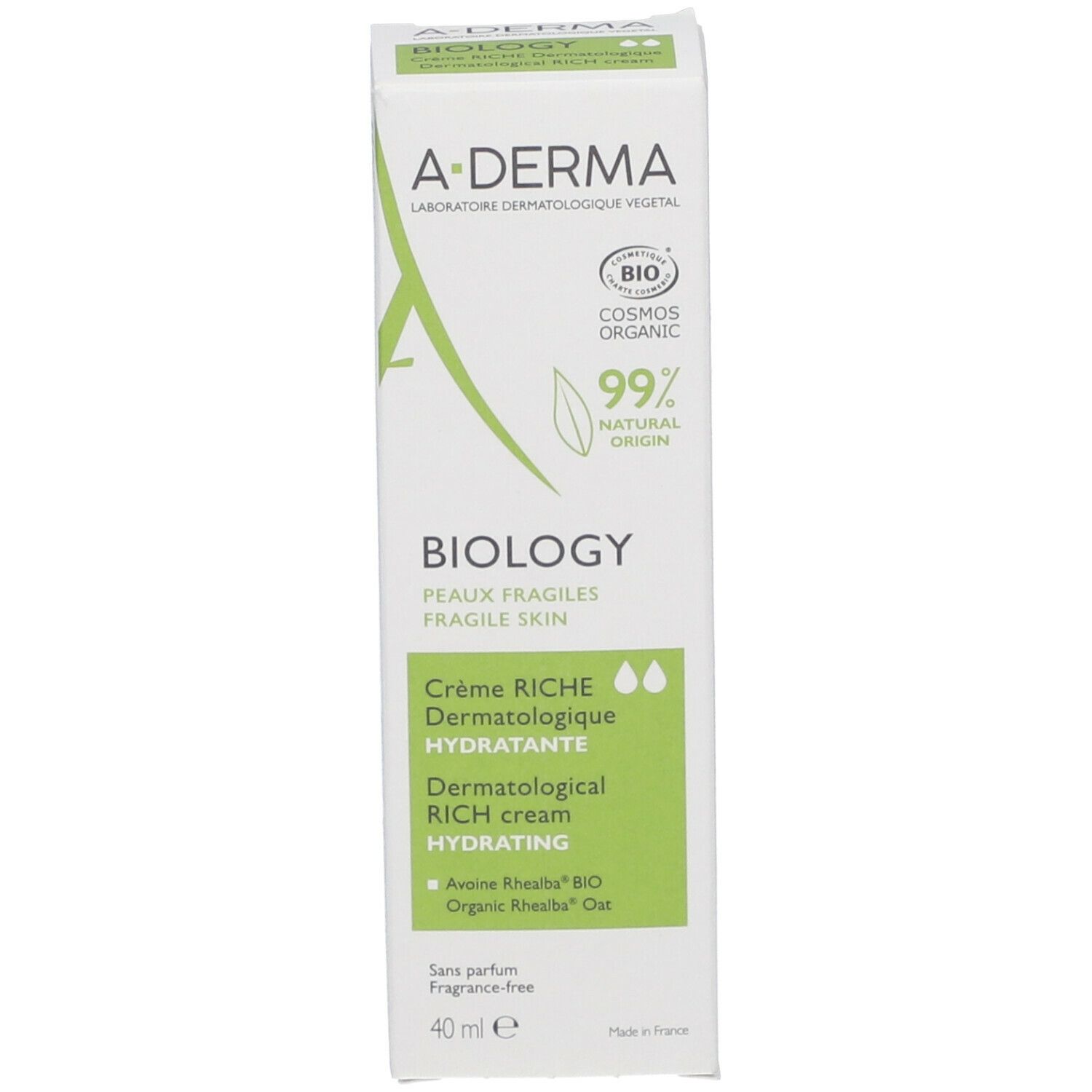 Kartonverpackung. A-DERMA BIOLOGY Creme. 40 ml. Für empfindliche Haut. Bio-Zertifizierung. Weiß und grün.