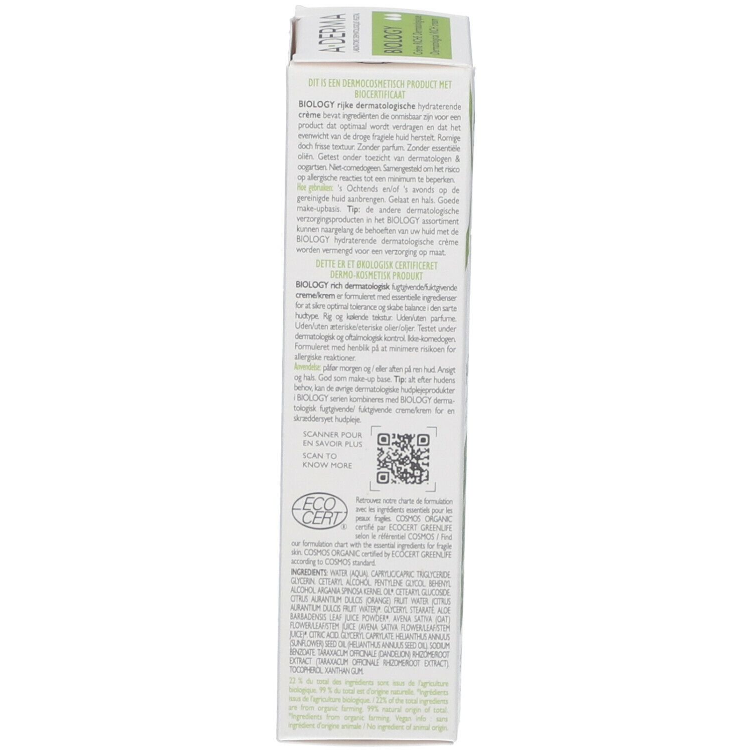 Rückseite der Verpackung. Text in mehreren Sprachen. Inhaltsstoffe. Informationen zur Anwendung. QR-Code.