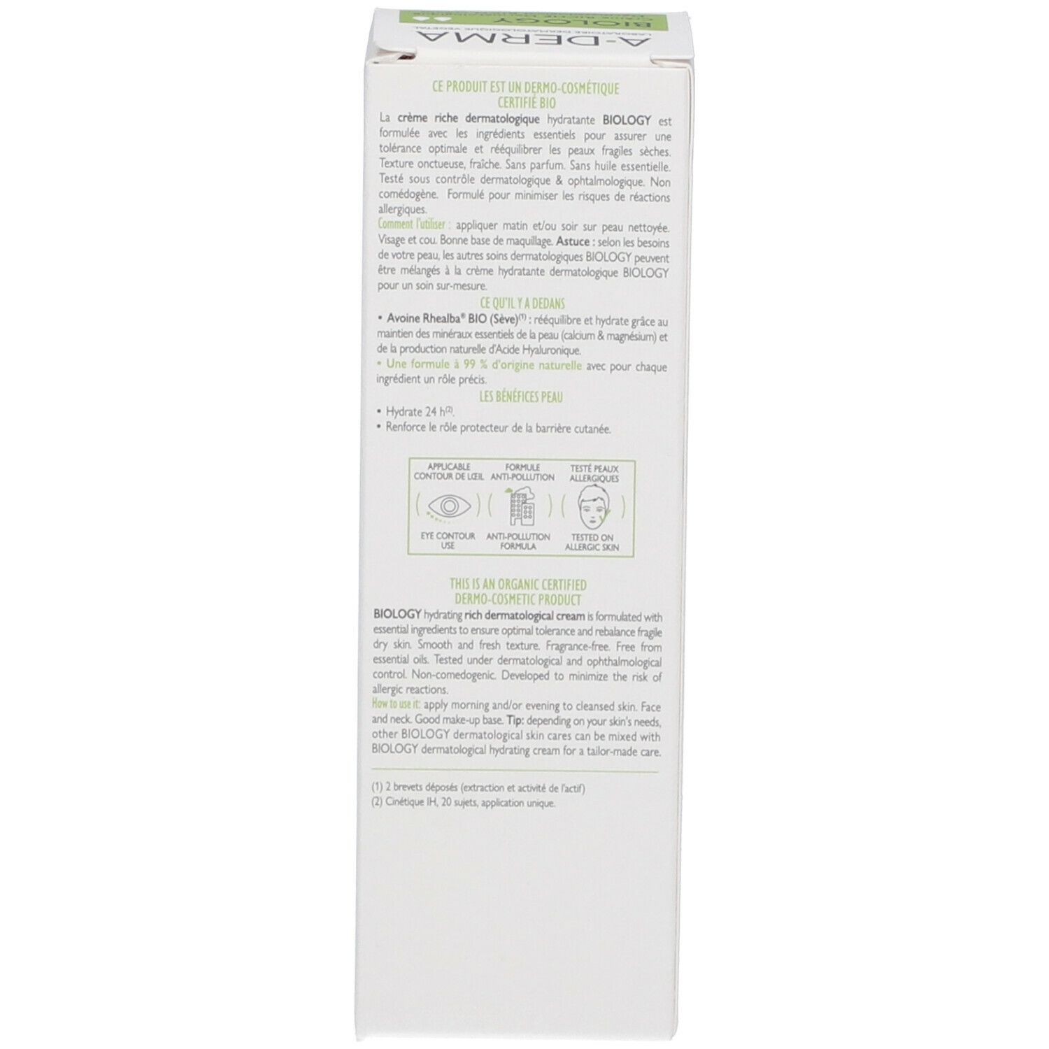 Rückseite der Verpackung. Text in mehreren Sprachen. Anwendungshinweise. Zertifizierungen. Hautpflege.