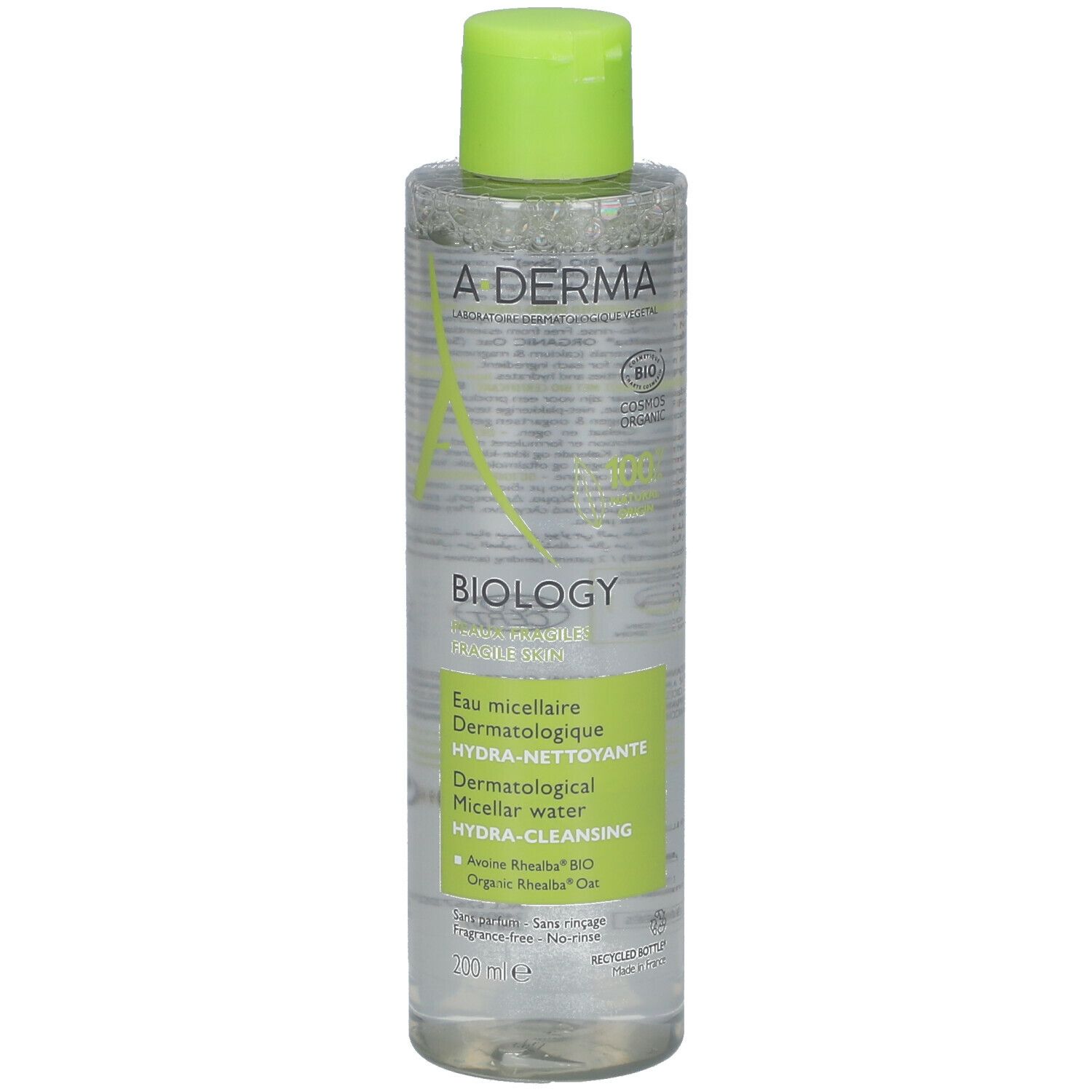 A-DERMA BIOLOGY Mizellenwasser. Flasche mit grünem Deckel. Aufschrift: Biology, Hydra-Cleansing, 200 ml.